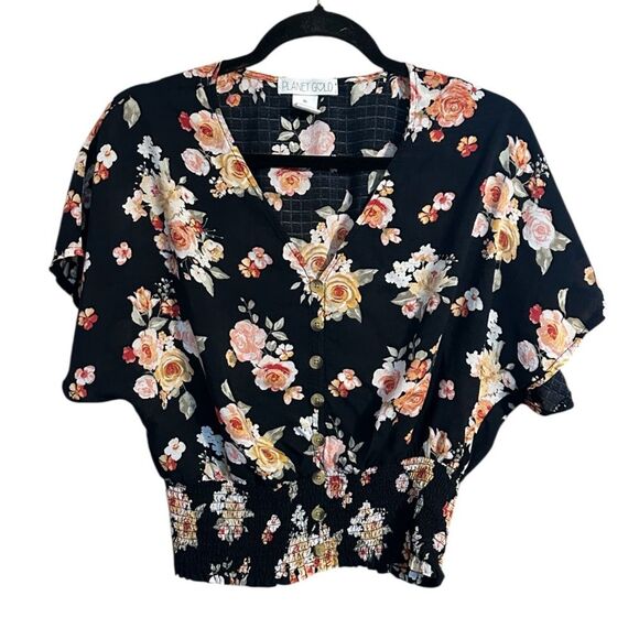Planet Gold Junior's Smocked Floral Print Top Black Size X-Large - Picture 2 of 9